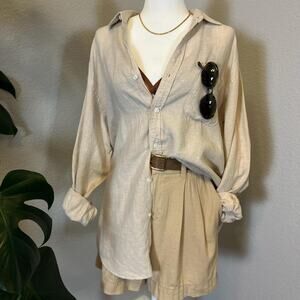 Linen Blend Beige Pleated Shorts High Waisted Minimal Summer